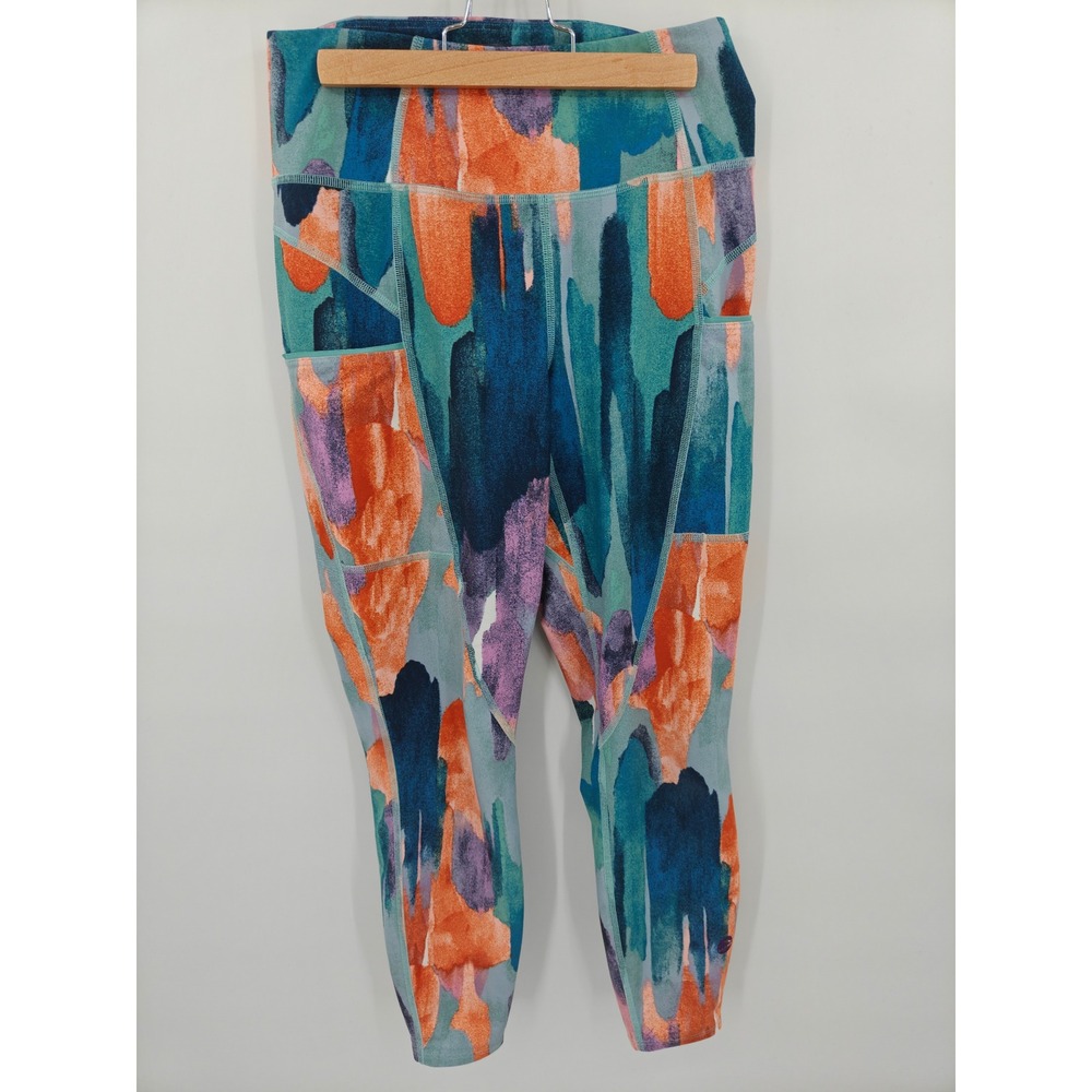 LL Bean Womens Abstract Brushstroke Print Active Leggings Pockets Blue Orange S